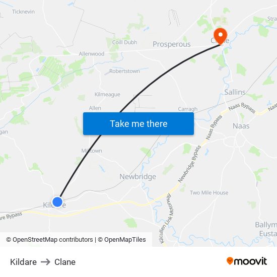 Kildare to Clane map