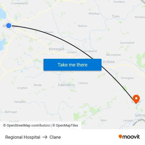 Regional Hospital to Clane map