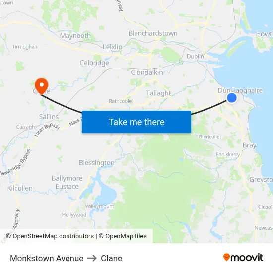 Monkstown Avenue to Clane map