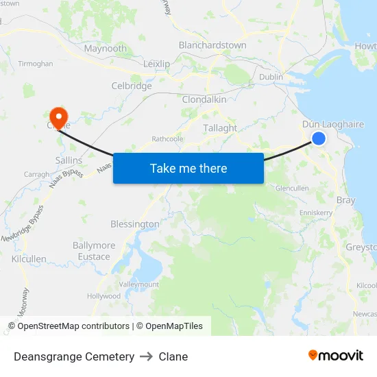 Deansgrange Cemetery to Clane map