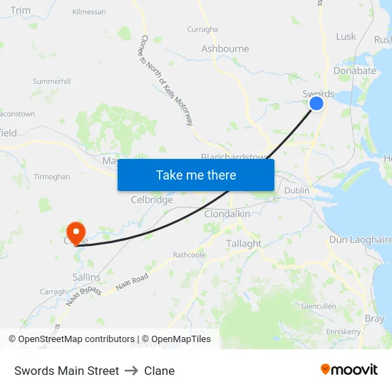 Swords Main Street to Clane map