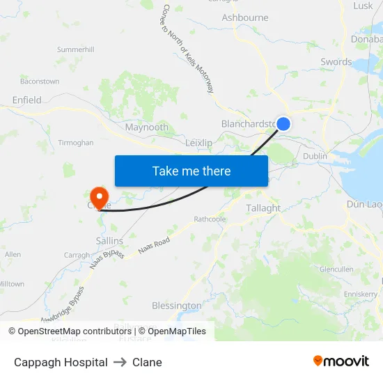 Cappagh Hospital to Clane map