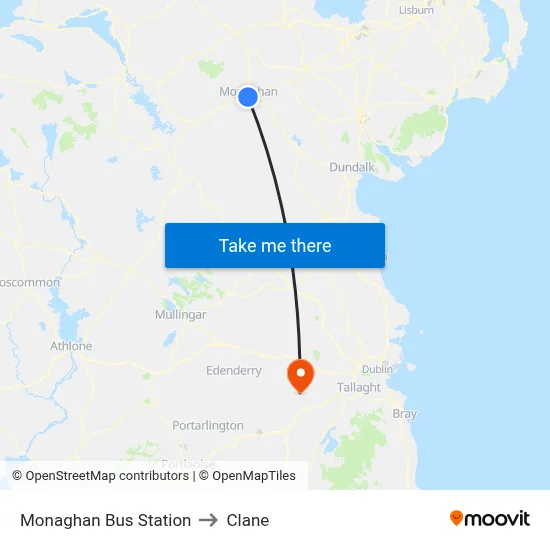 Monaghan Bus Station to Clane map