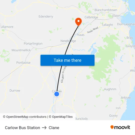 Carlow Bus Station to Clane map