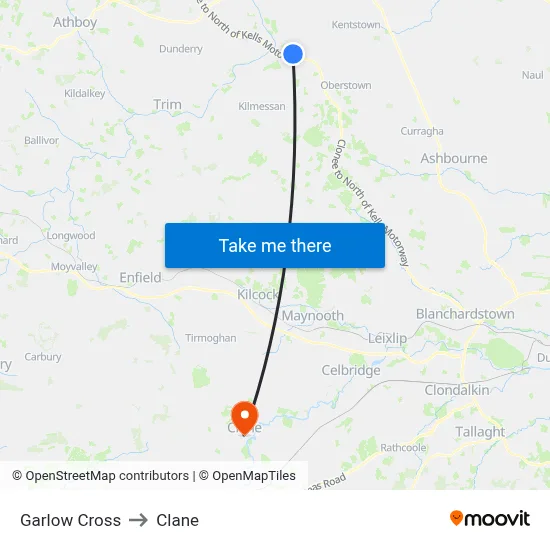 Garlow Cross to Clane map