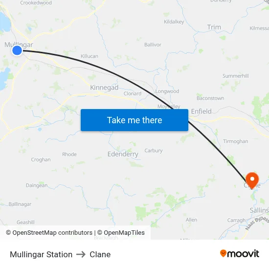 Mullingar Station to Clane map