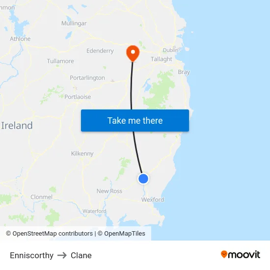 Enniscorthy to Clane map