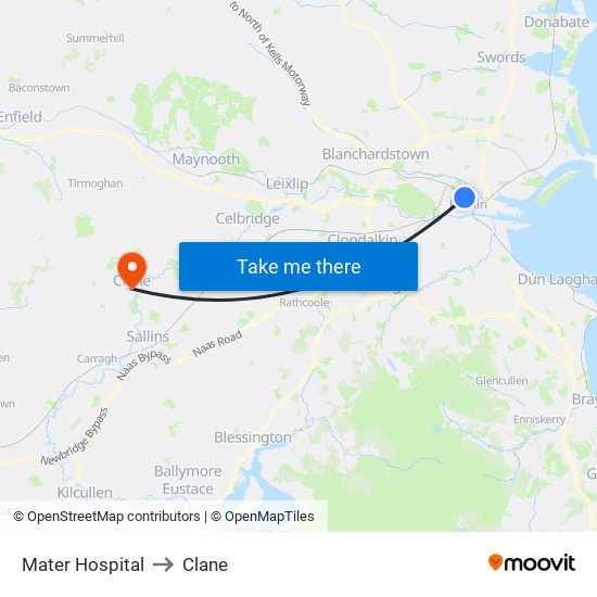 Mater Hospital to Clane map