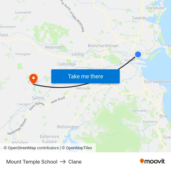 Mount Temple School to Clane map