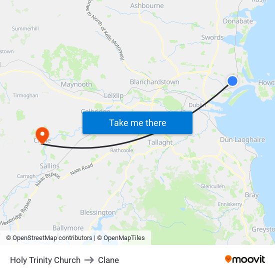 Holy Trinity Church to Clane map