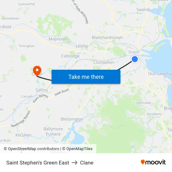 Saint Stephen's Green East to Clane map