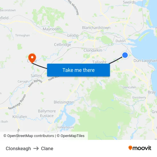 Clonskeagh to Clane map