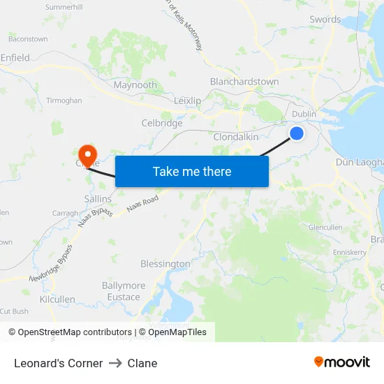 Leonard's Corner to Clane map