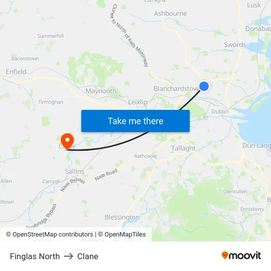 Finglas North to Clane map