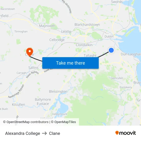 Alexandra College to Clane map
