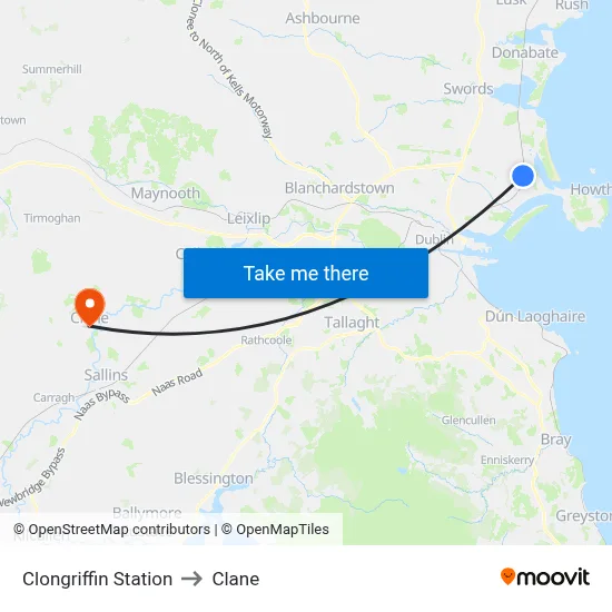 Clongriffin Station to Clane map