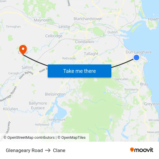 Glenageary Road to Clane map