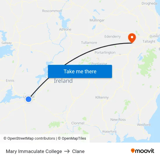 Mary Immaculate College to Clane map