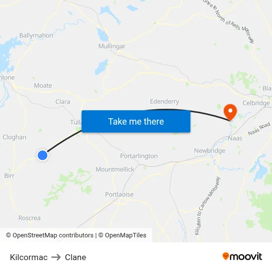 Kilcormac to Clane map