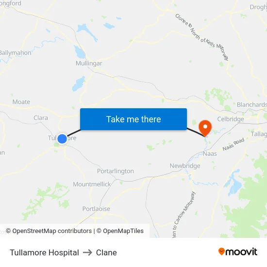 Tullamore Hospital to Clane map