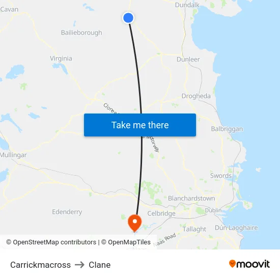 Carrickmacross to Clane map