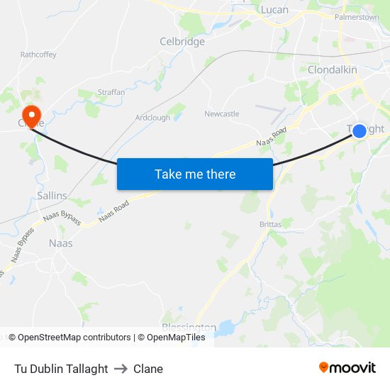 Tu Dublin Tallaght to Clane map