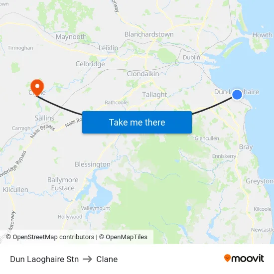 Dun Laoghaire Stn to Clane map