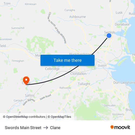 Swords Main Street to Clane map