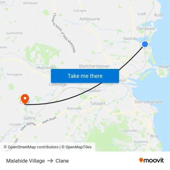 Malahide Village to Clane map
