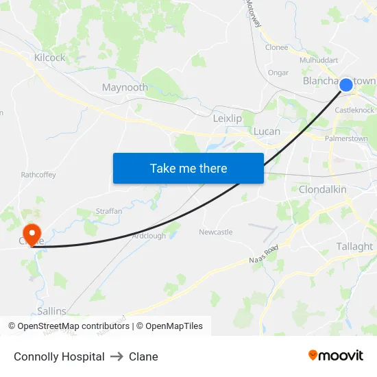 Connolly Hospital to Clane map