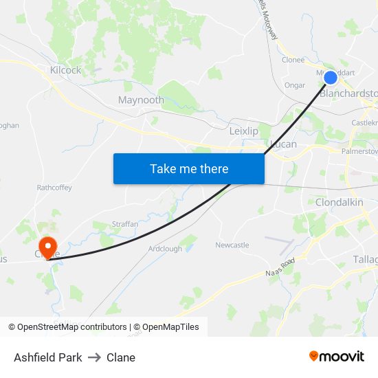 Ashfield Park to Clane map