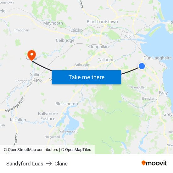 Sandyford Luas to Clane map