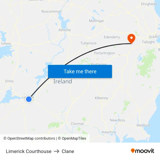 Limerick Courthouse to Clane map