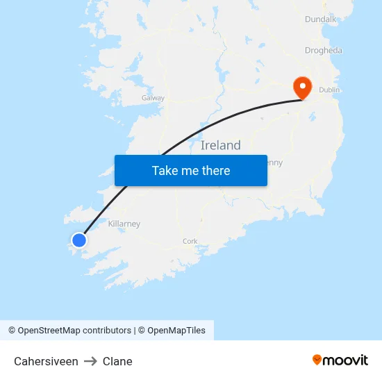 Cahersiveen to Clane map