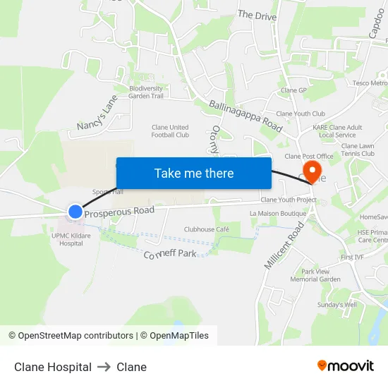 Clane Hospital to Clane map