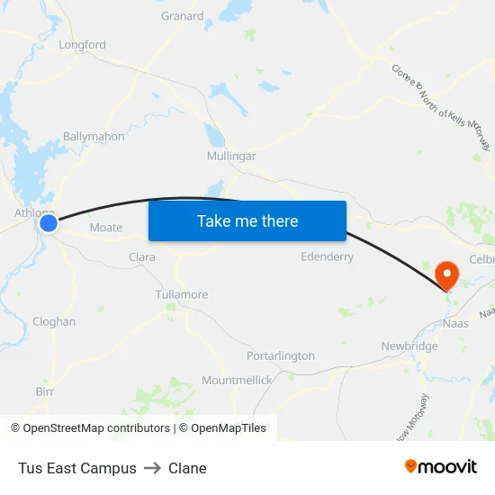 Tus East Campus to Clane map