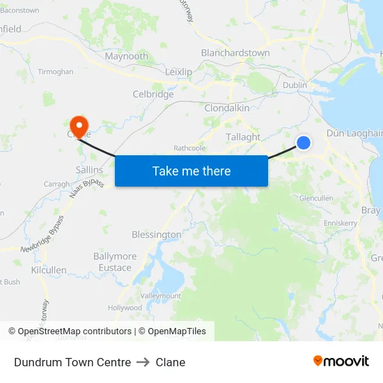 Dundrum Town Centre to Clane map