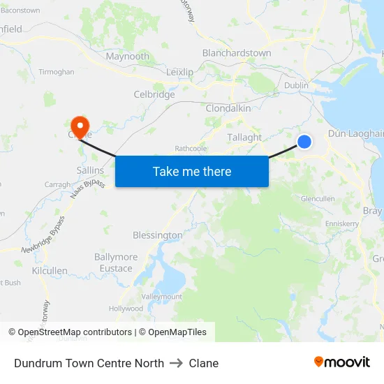 Dundrum Town Centre North to Clane map