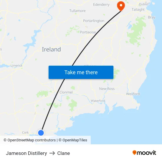 Jameson Distillery to Clane map