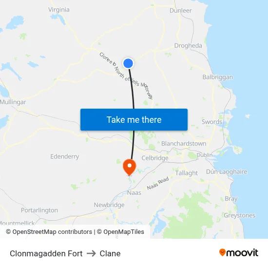 Clonmagadden Fort to Clane map