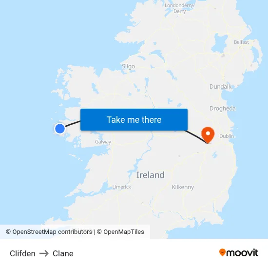 Clifden to Clane map
