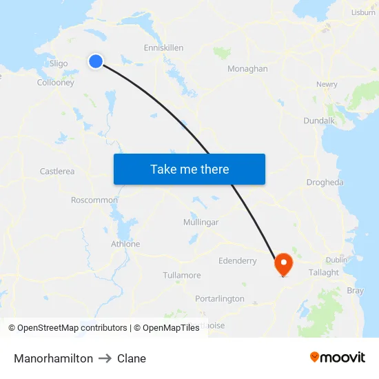 Manorhamilton to Clane map