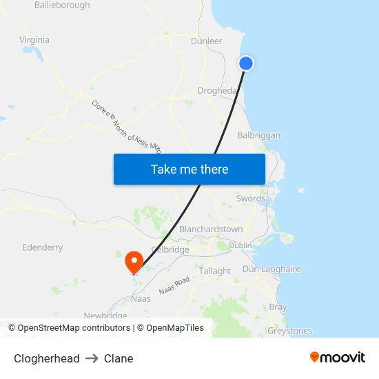 Clogherhead to Clane map