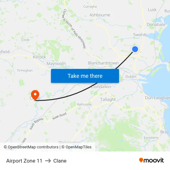 Airport Zone 11 to Clane map