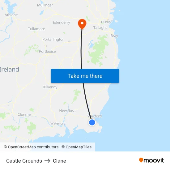 Johnstown Castle to Clane map