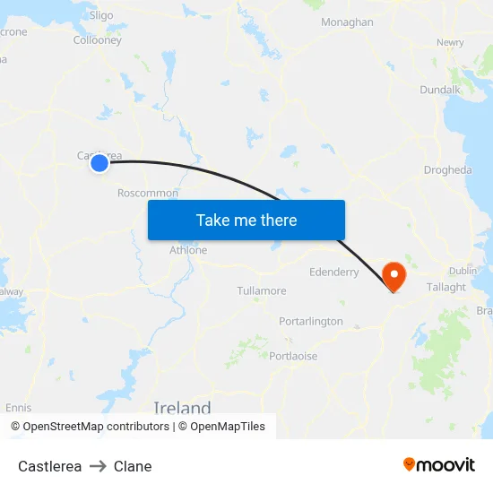 Castlerea to Clane map