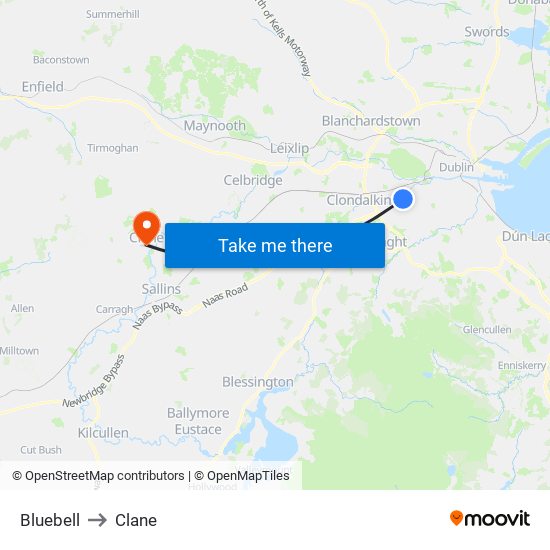 Bluebell to Clane map