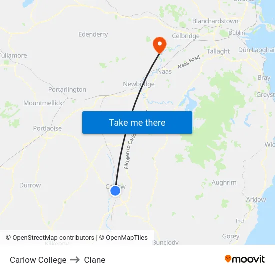 Carlow College to Clane map