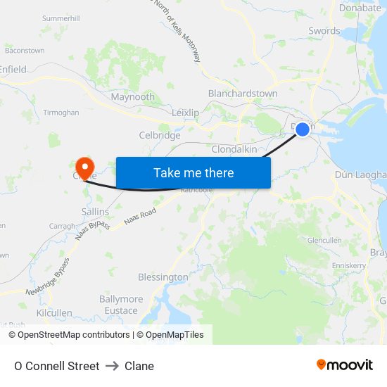 O Connell Street to Clane map