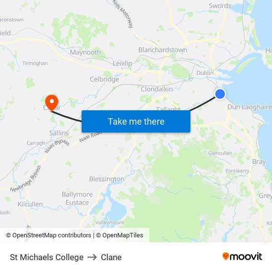 St Michaels College to Clane map